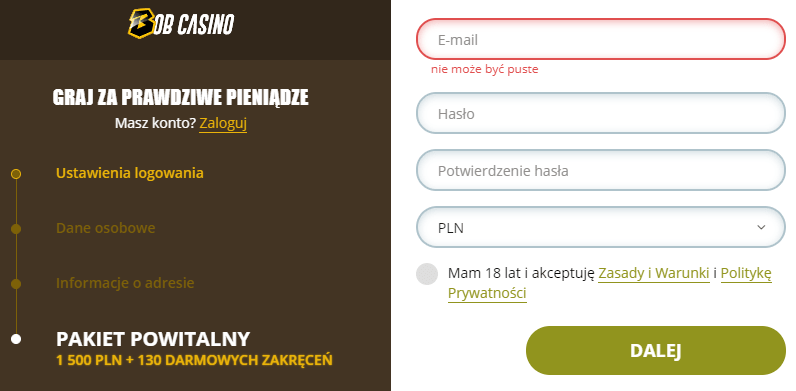 Bob Casino - rejestracja